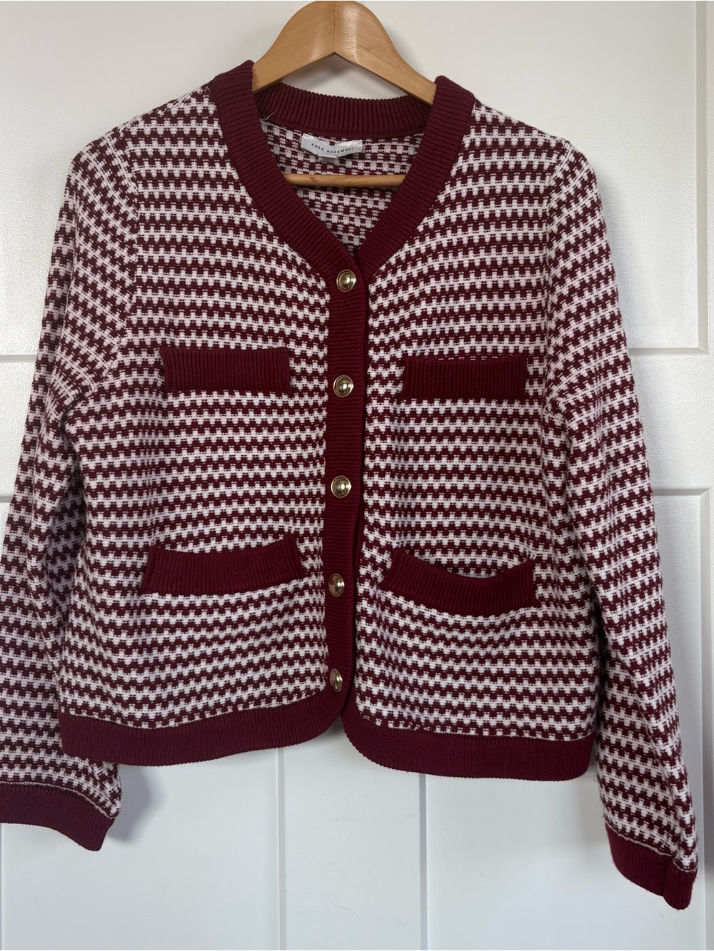 Free Assembly Woven Houndstooth Burgundy & White Cardigan Sweater S: Large
